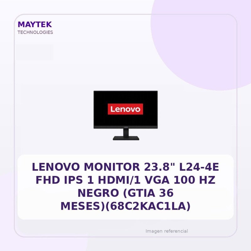 Lenovo Monitor 23.8" L24-4e FHD Ips 1 Hdmi/1 VGA 100 Hz Negro (68c2kac1la)