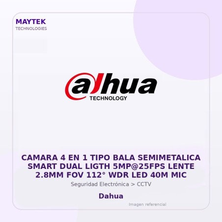 Dahua Camara 4 en 1 TIPO BALA Semimetalica Smart DUAL Ligth 5MP@25FPS Lente 2.8MM FOV 112° WDR LED 40M MIC