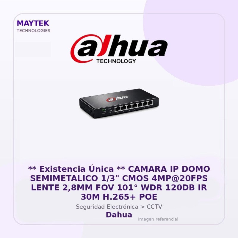 Dahua Camara IP DOMO Semimetalico 1/3" CMOS 4MP@20FPS Lente 2,8MM FOV 101° WDR 120DB IR 30M H.265+ POE