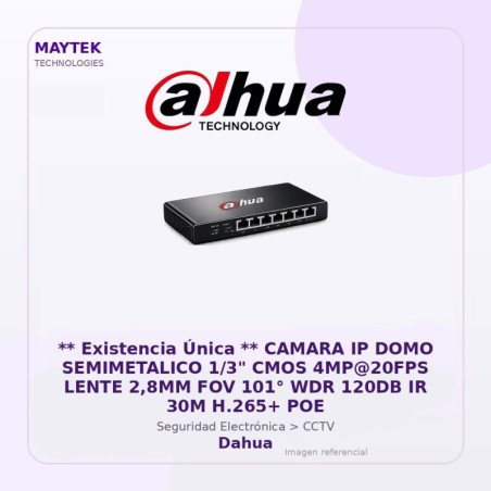 Dahua Camara IP DOMO Semimetalico 1/3" CMOS 4MP@20FPS Lente 2,8MM FOV 101° WDR 120DB IR 30M H.265+ POE