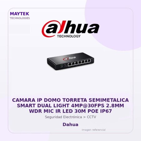 Dahua Camara IP DOMO Torreta Semimetalica Smart DUAL Light 4MP@30FPS 2.8MM WDR MIC IR LED 30M POE IP67