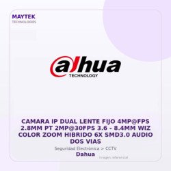 Dahua Camara IP DUAL Lente FIJO 4MP@FPS 2.8MM PT 2MP@30FPS 3.6 | 8.4MM WIZ Color ZOOM Hibrido 6X SMD3.0 Audio DOS VIAS