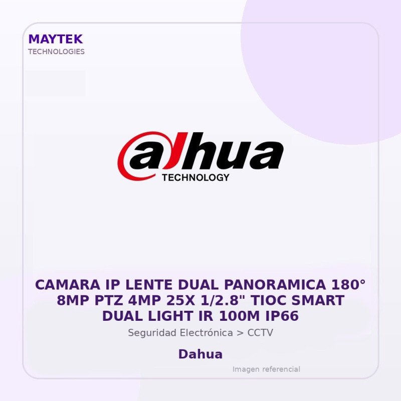 Dahua Camara IP Lente DUAL Panoramica 180° 8MP PTZ 4MP 25X 1/2.8" TIOC Smart DUAL Light IR 100M IP66