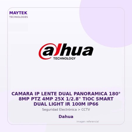 Dahua Camara IP Lente DUAL Panoramica 180° 8MP PTZ 4MP 25X 1/2.8" TIOC Smart DUAL Light IR 100M IP66