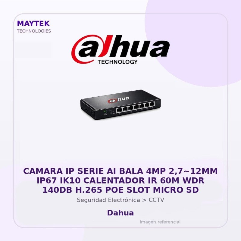 Dahua Camara IP Serie AI BALA 4MP 2,7~12MM IP67 IK10 Calentador IR 60M WDR 140DB H.265 POE SLOT Micro SD