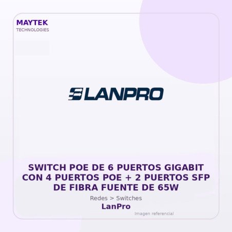 Lanpro Switch POE De 6 Puertos Gigabit Con 4 Puertos POE + 2 Puertos Sfp De Fibra Fuente De 65W