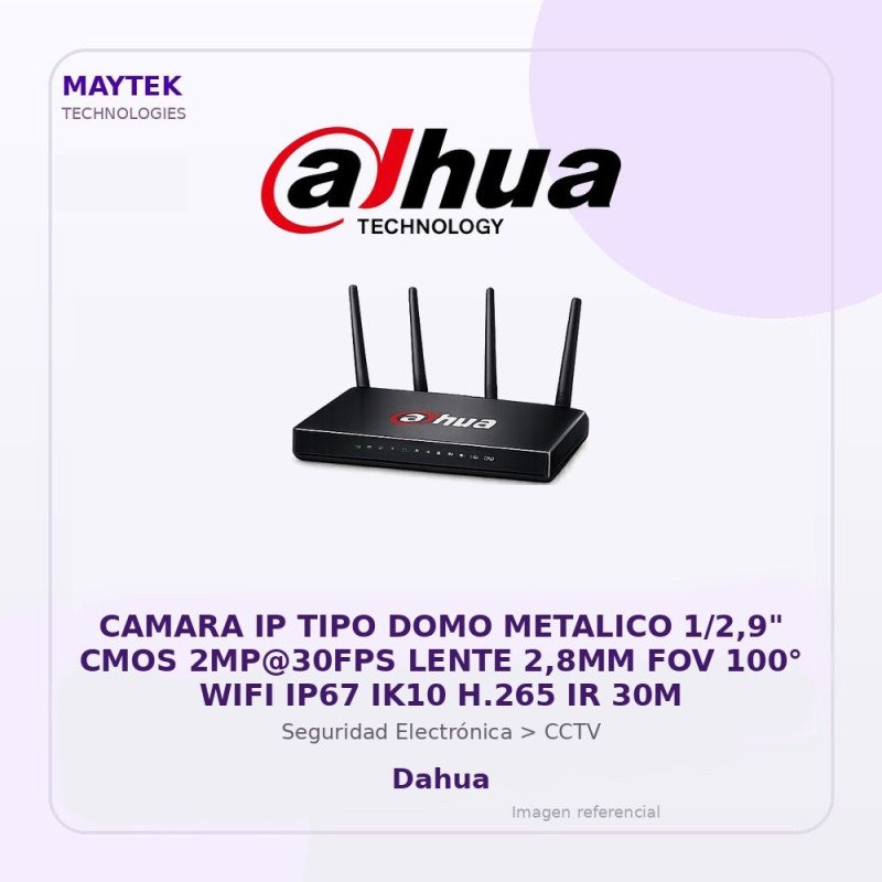 Dahua Camara IP TIPO DOMO Metalico 1/2,9" CMOS 2MP@30FPS Lente 2,8MM FOV 100° WIFI IP67 IK10 H.265 IR 30M