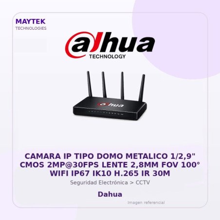 Dahua Camara IP TIPO DOMO Metalico 1/2,9" CMOS 2MP@30FPS Lente 2,8MM FOV 100° WIFI IP67 IK10 H.265 IR 30M