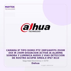 Dahua Camara IP TIPO DOMO PTZ 2MP@60FPS ZOOM 45X IR 250M Disuacion Activa IA Alarma Sonora y Luminica Audio 2 VIAS Detección de