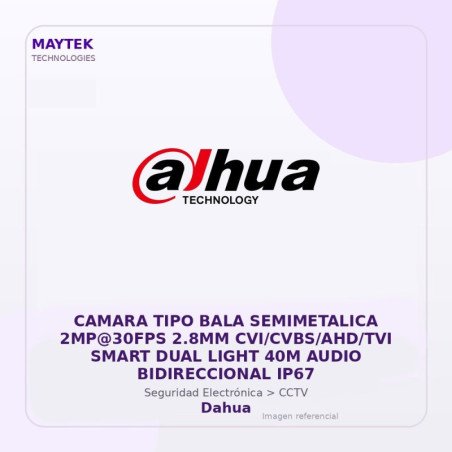 Dahua Camara TIPO BALA Semimetalica 2MP@30FPS 2.8MM CVI/CVBS/AHD/TVI Smart DUAL Light 40M Audio Bidireccional IP67