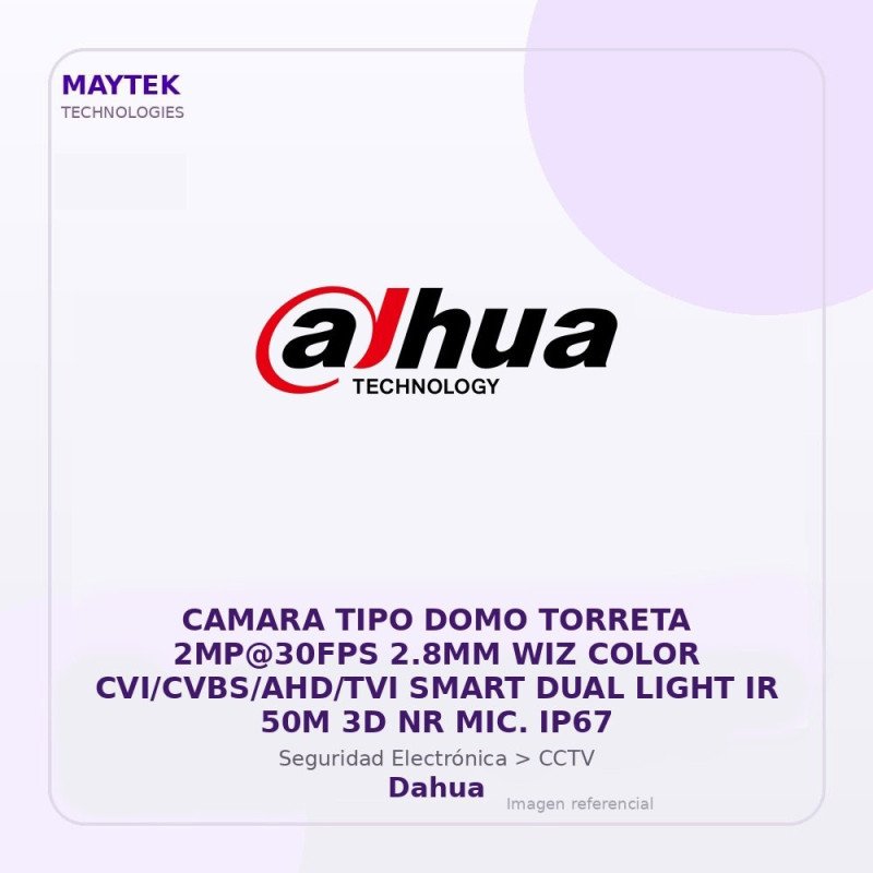 Dahua Camara TIPO DOMO Torreta 2MP@30FPS 2.8MM WIZ Color CVI/CVBS/AHD/TVI Smart DUAL Light IR 50M 3D NR MIC. IP67
