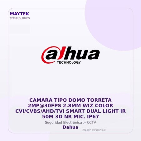 Dahua Camara TIPO DOMO Torreta 2MP@30FPS 2.8MM WIZ Color CVI/CVBS/AHD/TVI Smart DUAL Light IR 50M 3D NR MIC. IP67