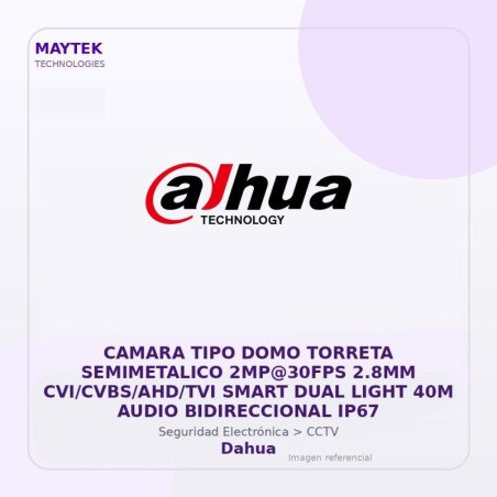 Dahua Camara TIPO DOMO Torreta Semimetalico 2MP@30FPS 2.8MM CVI/CVBS/AHD/TVI Smart DUAL Light 40M Audio Bidireccional IP67