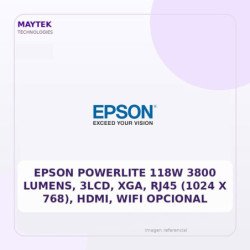 Epson Powerlite 118W 3800 Lumens, 3lcd, Xga, RJ45 (1024 X 768), Hdmi, WIFI Opcional