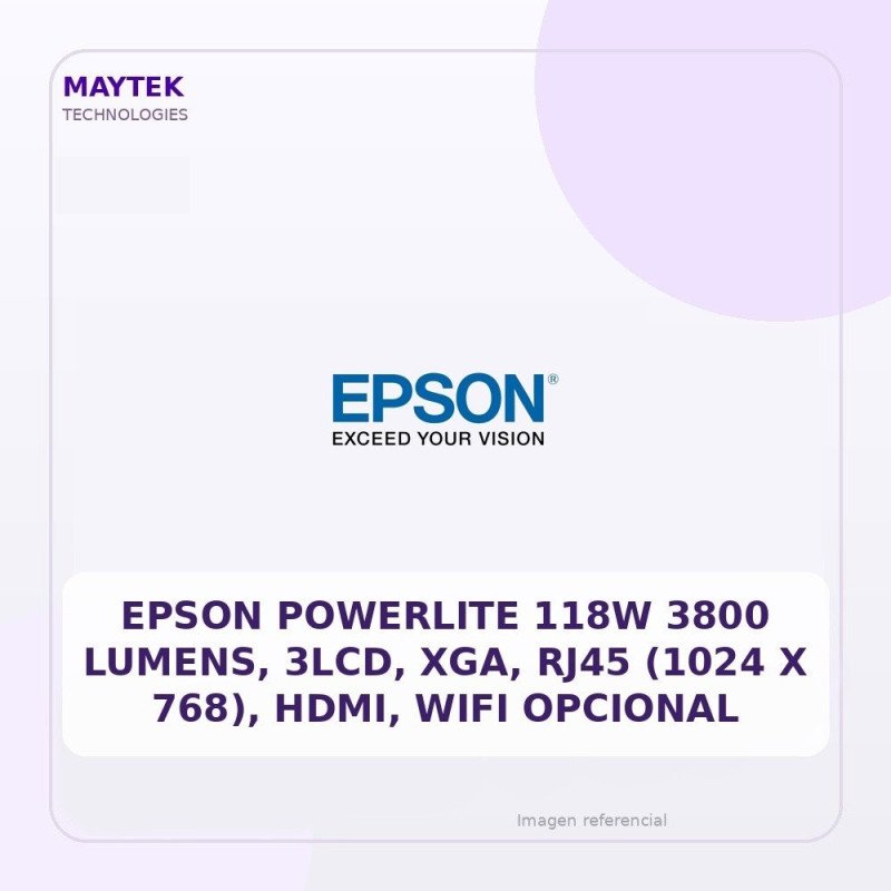 Epson Powerlite 118W 3800 Lumens, 3lcd, Xga, RJ45 (1024 X 768), Hdmi, WIFI Opcional