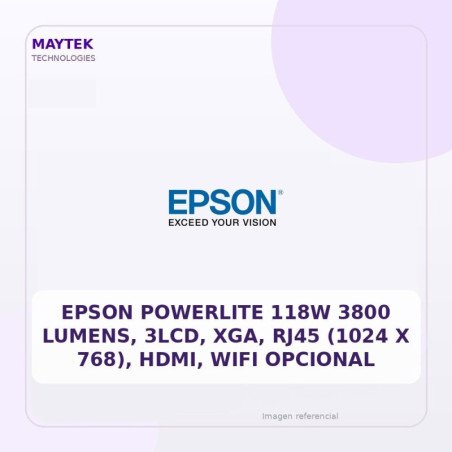 Epson Powerlite 118W 3800 Lumens, 3lcd, Xga, RJ45 (1024 X 768), Hdmi, WIFI Opcional