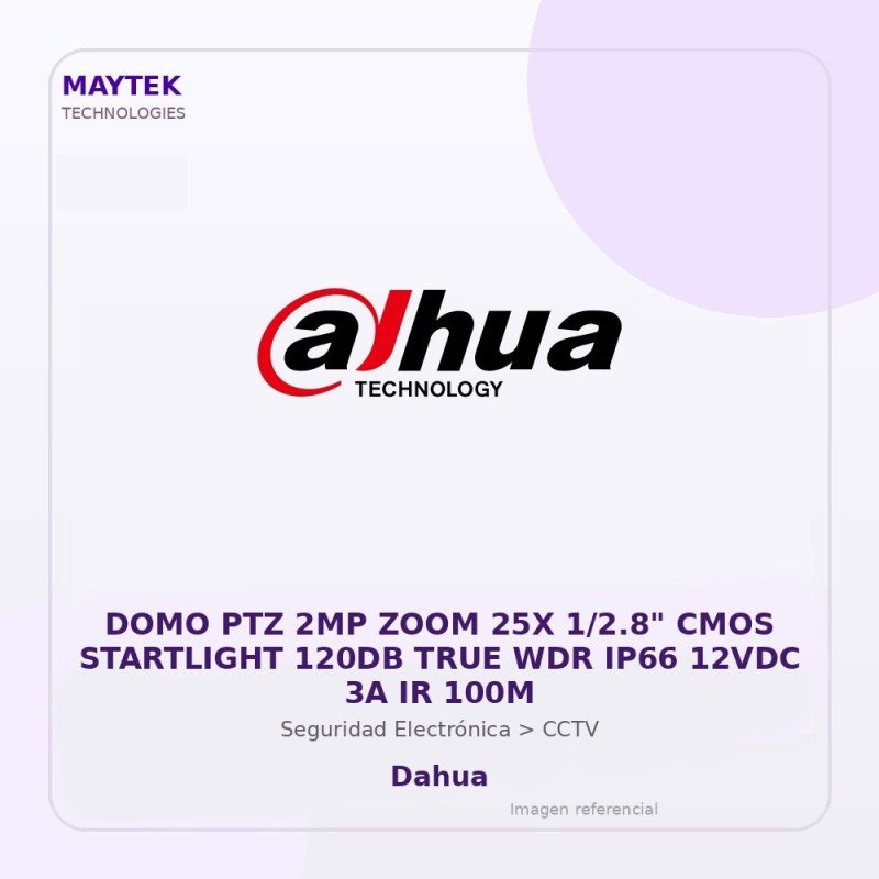 Dahua DOMO PTZ 2MP ZOOM 25X 1/2.8" CMOS Startlight 120DB TRUE WDR IP66 12VDC 3A IR 100M
