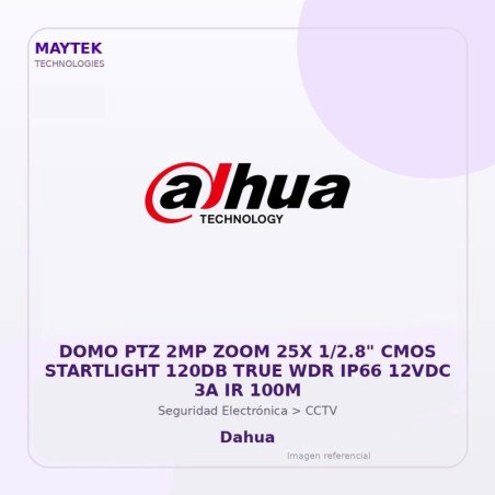 Dahua DOMO PTZ 2MP ZOOM 25X 1/2.8" CMOS Startlight 120DB TRUE WDR IP66 12VDC 3A IR 100M