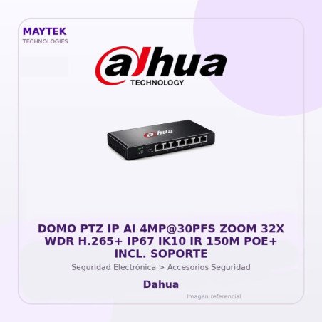 Dahua DOMO PTZ IP AI 4MP@30PFS ZOOM 32X WDR H.265+ IP67 IK10 IR 150M POE+ INCL. Soporte