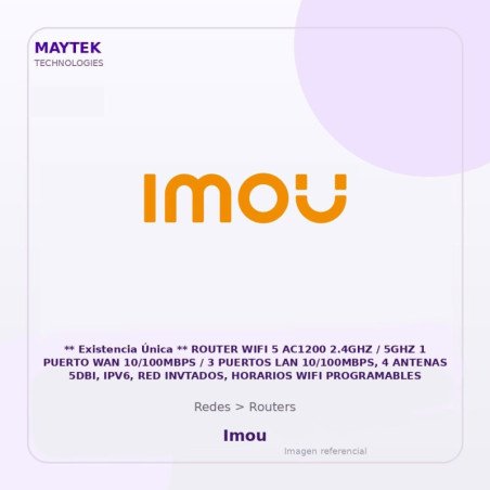 Imou ** Existencia Única ** Router WiFi 5 Ac1200 2.4Ghz / 5Ghz 1 Puerto Wan 10/100Mbps / 3 Puertos Lan 10/100Mbps, 4 Antenas 5D