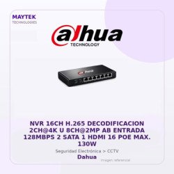 Dahua NVR 16CH H.265 Decodificacion 2CH@4K U 8CH@2MP AB Entrada 128MBPS 2 SATA 1 HDMI 16 POE MAX. 130W