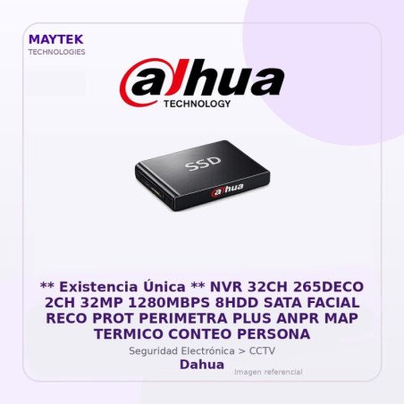 Dahua NVR 32CH 265DECO 2CH 32MP 1280MBPS 8HDD SATA Facial RECO PROT Perimetra PLUS ANPR MAP Termico Conteo Persona