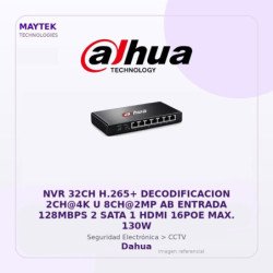 Dahua NVR 32CH H.265+ Decodificacion 2CH@4K U 8CH@2MP AB Entrada 128MBPS 2 SATA 1 HDMI 16POE MAX. 130W