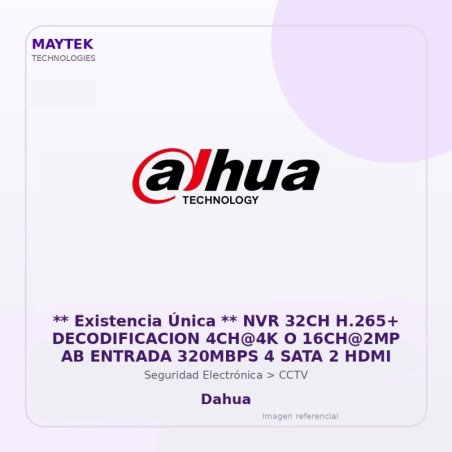 Dahua NVR 32CH H.265+ Decodificacion 4CH@4K O 16CH@2MP AB Entrada 320MBPS 4 SATA 2 HDMI
