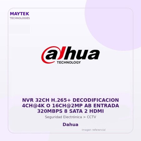 Dahua NVR 32CH H.265+ Decodificacion 4CH@4K O 16CH@2MP AB Entrada 320MBPS 8 SATA 2 HDMI