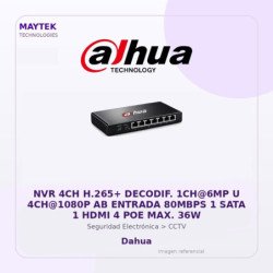 Dahua NVR 4CH H.265+ Decodif. 1CH@6MP U 4CH@1080P AB Entrada 80MBPS 1 SATA 1 HDMI 4 POE MAX. 36W