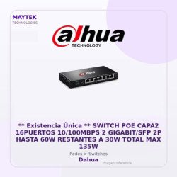 Dahua ** Existencia Única ** Switch POE Capa2 16Puertos 10/100Mbps 2 Gigabit/Sfp 2P Hasta 60W Restantes A 30W Total Max 135W