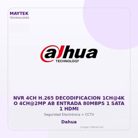 Dahua NVR 4CH H.265 Decodificacion 1CH@4K O 4CH@2MP AB Entrada 80MBPS 1 SATA 1 HDMI