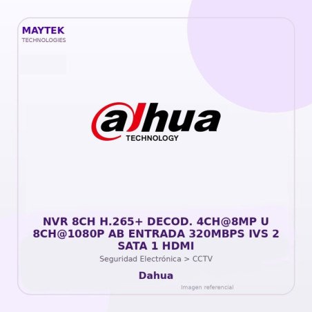 Dahua NVR 8CH H.265+ Decod. 4CH@8MP U 8CH@1080P AB Entrada 320MBPS IVS 2 SATA 1 HDMI