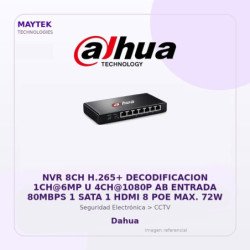 Dahua NVR 8CH H.265+ Decodificacion 1CH@6MP U 4CH@1080P AB Entrada 80MBPS 1 SATA 1 HDMI 8 POE MAX. 72W
