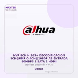 Dahua NVR 8CH H.265+ Decodificacion 1CH@8MP O 4CH@1080P AB Entrada 80MBPS 1 SATA 1 HDMI