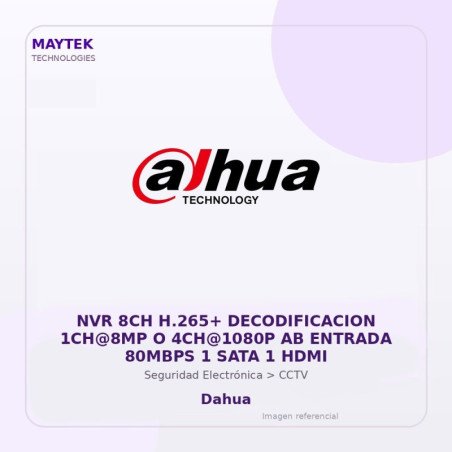 Dahua NVR 8CH H.265+ Decodificacion 1CH@8MP O 4CH@1080P AB Entrada 80MBPS 1 SATA 1 HDMI