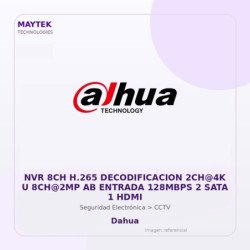 Dahua NVR 8CH H.265 Decodificacion 2CH@4K U 8CH@2MP AB Entrada 128MBPS 2 SATA 1 HDMI
