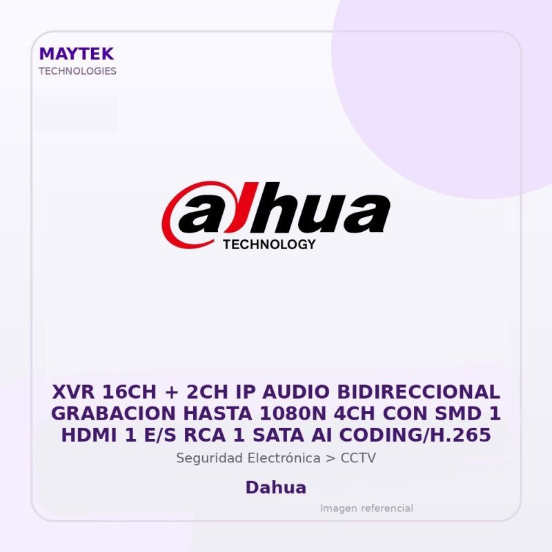 Dahua XVR 16CH + 2CH IP Audio Bidireccional Grabacion Hasta 1080N 4CH con SMD 1 HDMI 1 E/S RCA 1 SATA AI CODING/H.265
