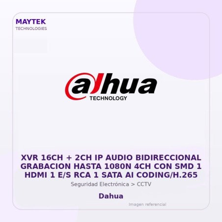 Dahua XVR 16CH + 2CH IP Audio Bidireccional Grabacion Hasta 1080N 4CH con SMD 1 HDMI 1 E/S RCA 1 SATA AI CODING/H.265