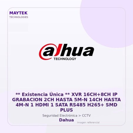Dahua XVR 16CH+8CH IP Grabacion 2CH Hasta 5M-N 14CH Hasta 4M-N 1 HDMI 1 SATA RS485 H265+ SMD PLUS