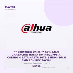 Dahua XVR 32CH Grabación Hasta 5M-N@10FPS AI Coding 4 SATA Hasta 10TB 2 HDMI 16CH SMD 2CH Rec.facial