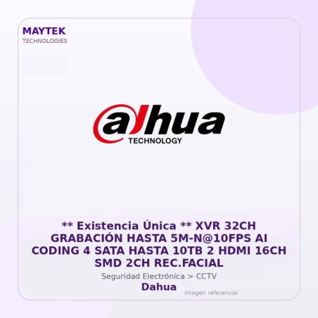 Dahua XVR 32CH Grabación Hasta 5M-N@10FPS AI Coding 4 SATA Hasta 10TB 2 HDMI 16CH SMD 2CH Rec.facial
