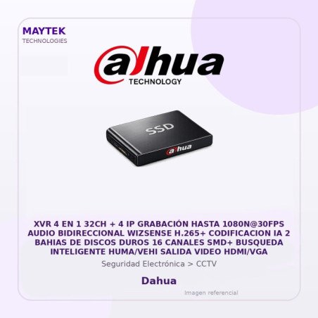 Dahua XVR 4 en 1 32CH + 4 IP Grabación Hasta 1080N@30FPS Audio Bidireccional Wizsense H.265+ Codificacion IA 2 Bahias de Discos