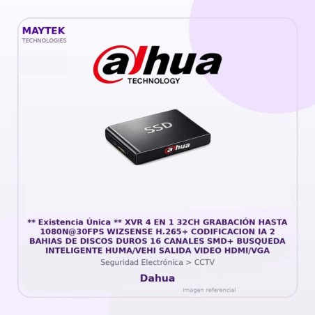 Dahua XVR 4 en 1 32CH Grabación Hasta 1080N@30FPS Wizsense H.265+ Codificacion IA 2 Bahias de Discos Duros 16 Canales SMD+