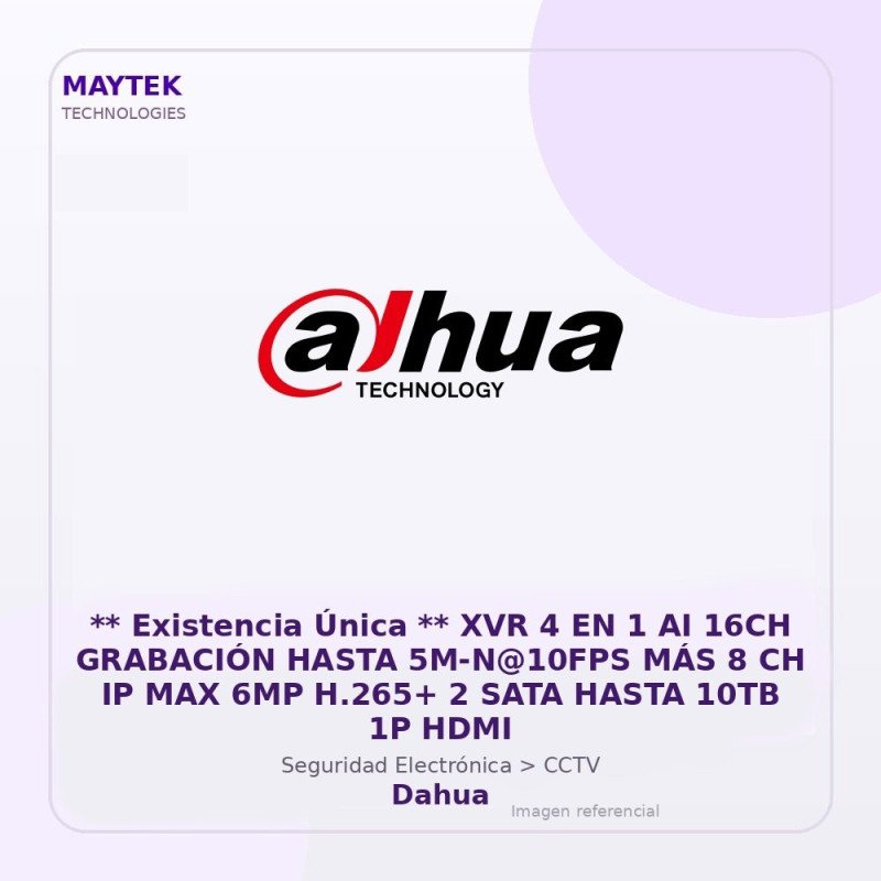 Dahua XVR 4 en 1 AI 16CH Grabación Hasta 5M-N@10FPS MÁS 8 CH IP MAX 6MP H.265+ 2 SATA Hasta 10TB 1P HDMI
