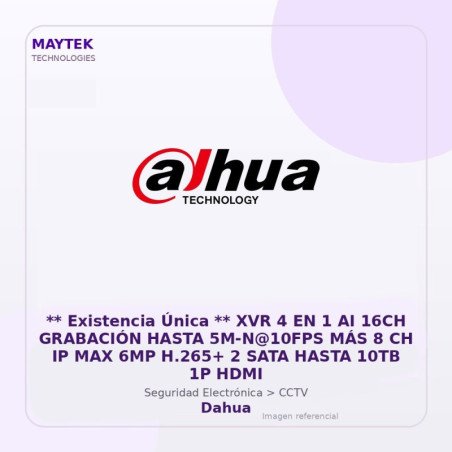 Dahua XVR 4 en 1 AI 16CH Grabación Hasta 5M-N@10FPS MÁS 8 CH IP MAX 6MP H.265+ 2 SATA Hasta 10TB 1P HDMI