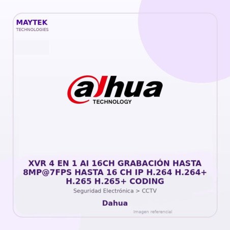 Dahua XVR 4 en 1 AI 16CH Grabación Hasta 8MP@7FPS Hasta 16 CH IP H.264 H.264+ H.265 H.265+ Coding