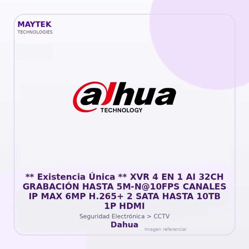 Dahua XVR 4 en 1 AI 32CH Grabación Hasta 5M-N@10FPS Canales IP MAX 6MP H.265+ 2 SATA Hasta 10TB 1P HDMI