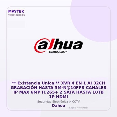 Dahua XVR 4 en 1 AI 32CH Grabación Hasta 5M-N@10FPS Canales IP MAX 6MP H.265+ 2 SATA Hasta 10TB 1P HDMI
