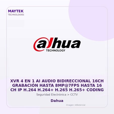 Dahua XVR 4 en 1 AI Audio Bidireccional 16CH Grabación Hasta 8MP@7FPS Hasta 16 CH IP H.264 H.264+ H.265 H.265+ Coding